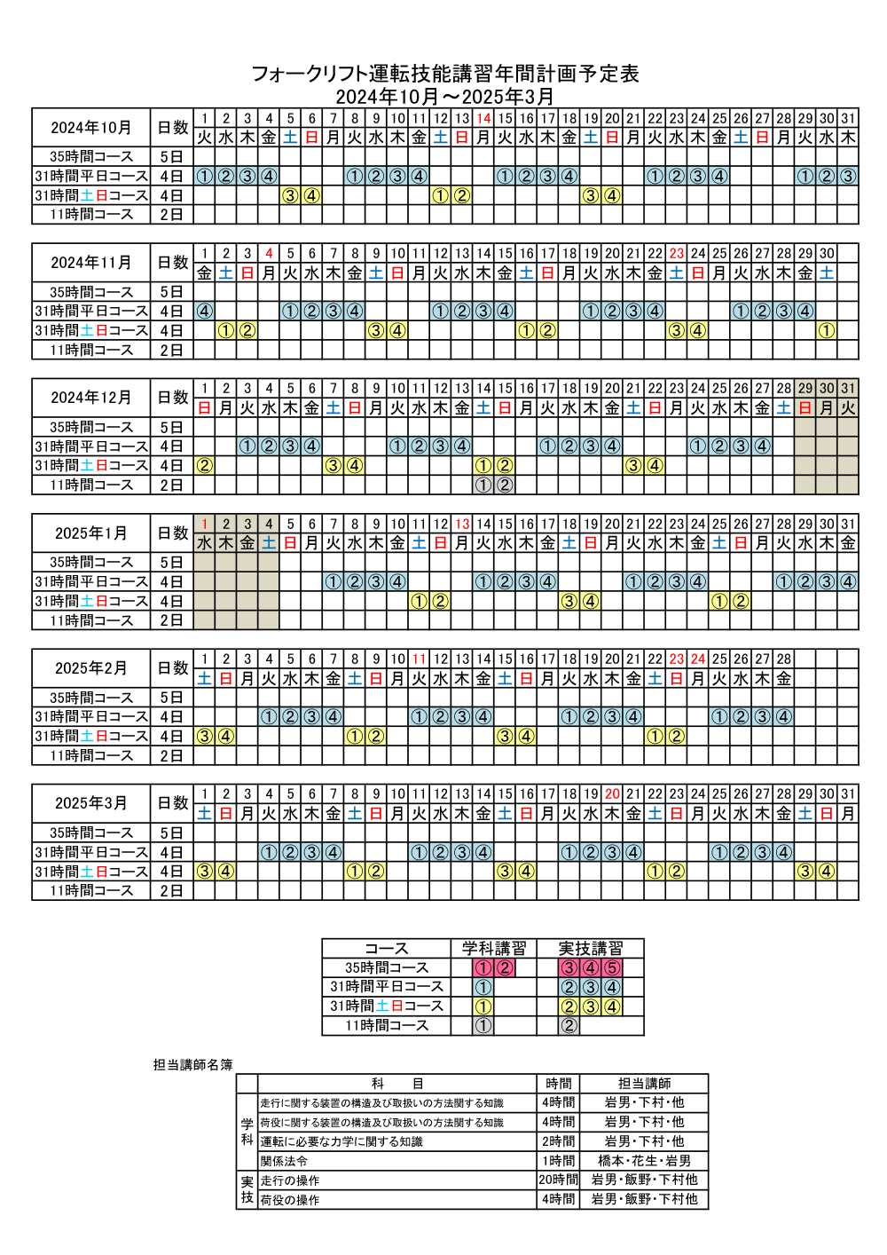 フォークリフト2024年10月〜2025年03月の講習日程